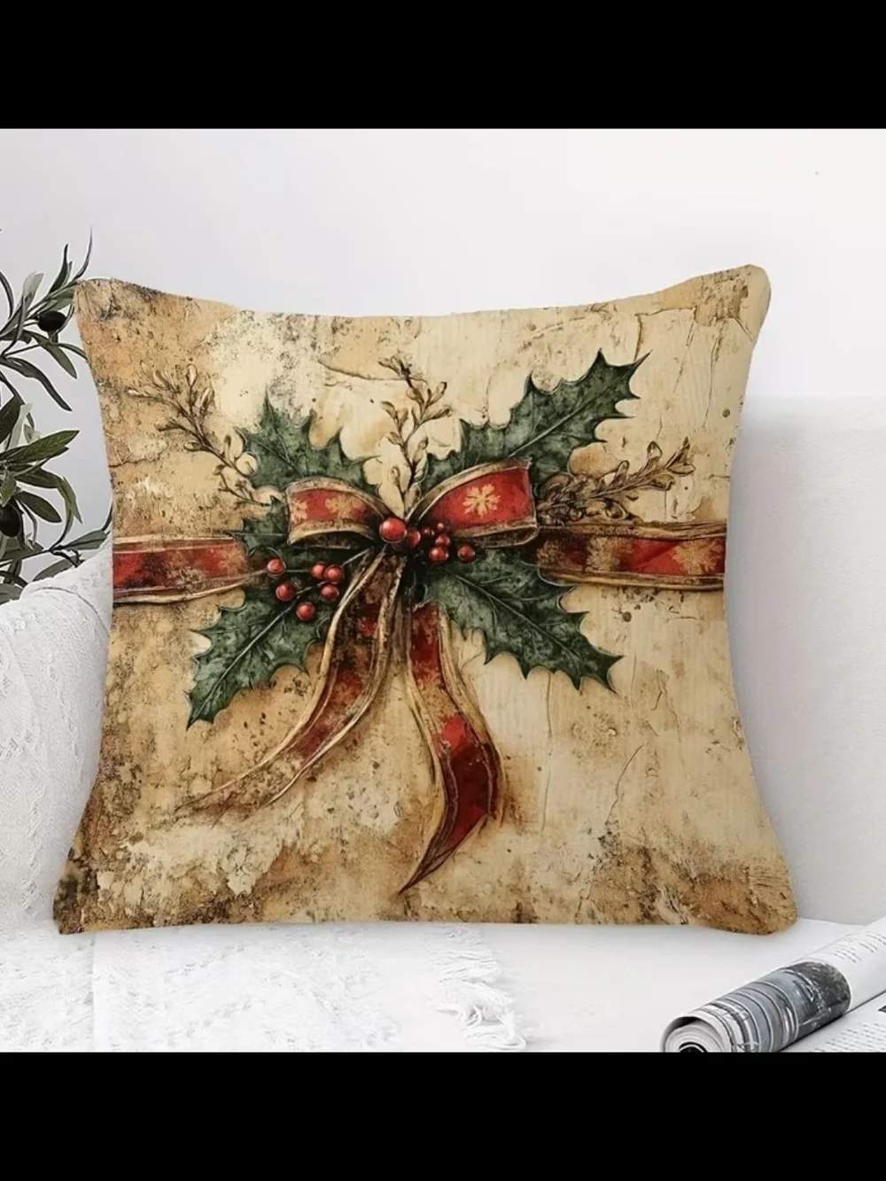 Holiday Holly Ribbon Decorative Throw Pillow - Red & Green